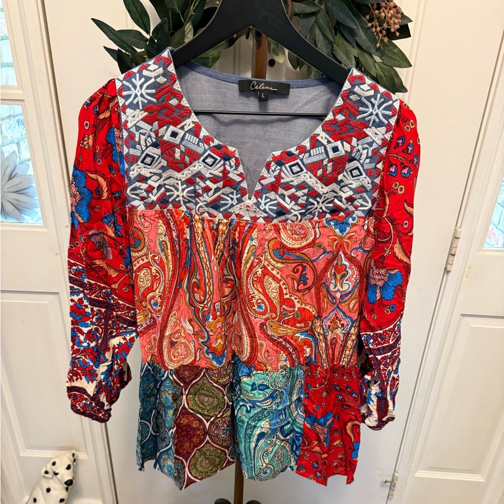 Calessa Boho Colorful Paisley & Floral Mixed Print Embroidered Patchwork Top L